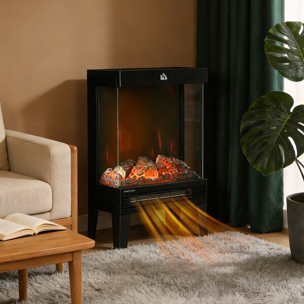 HOMCOM Camino Elettrico 1000W / 2000W con Fiamma LED Realistica e Controllo Temperatura, 40.5x20x62 cm, Nero|Aosom