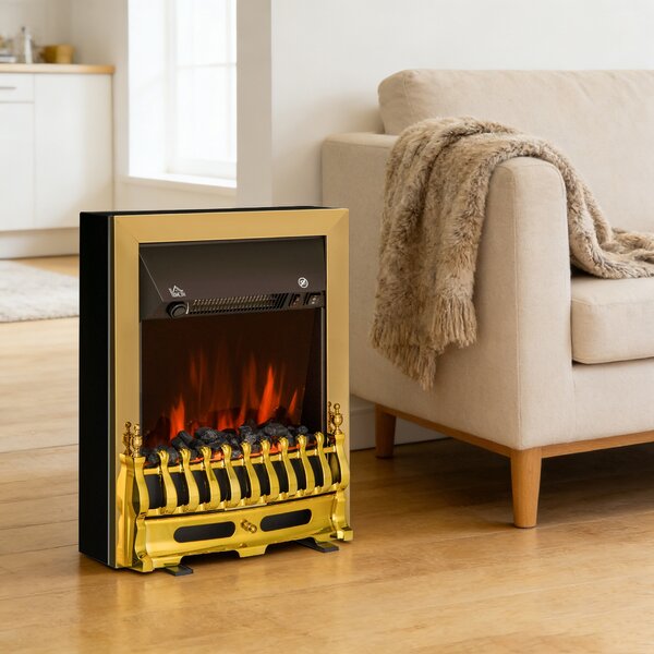 HomCom Camino Elettrico 2000W da Incasso o da Terra con Effetto Fiamma, in Plastica e Metallo, 48.2×18.5×59.2cm, finitura oro | Aosom Italy