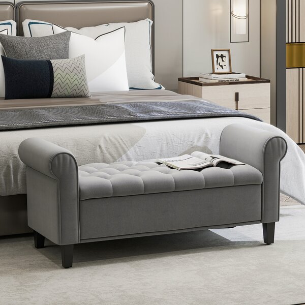 HOMCOM Panca Fondo Letto in Tessuto Vellutato con Spazio Portaoggetti e Braccioli, 126x48.5x57 cm, Grigio|Aosom