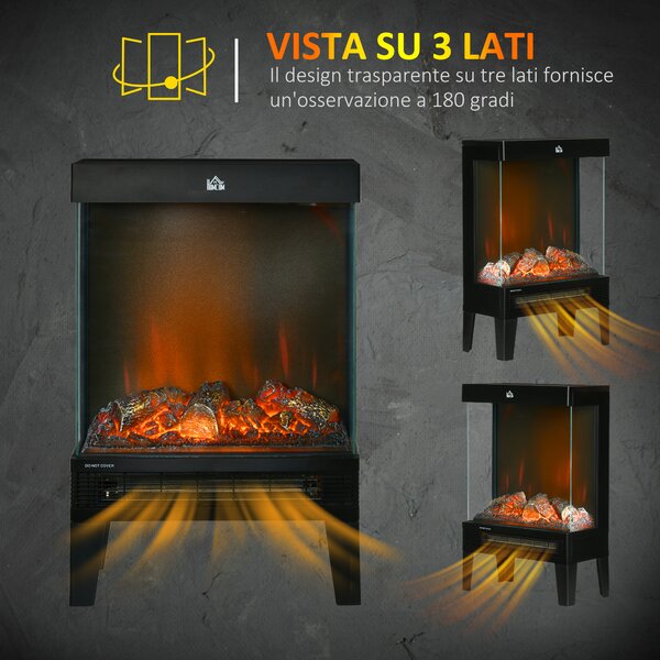 HOMCOM Camino Elettrico 1000W / 2000W con Fiamma LED Realistica e Controllo Temperatura, 40.5x20x62 cm, Nero|Aosom