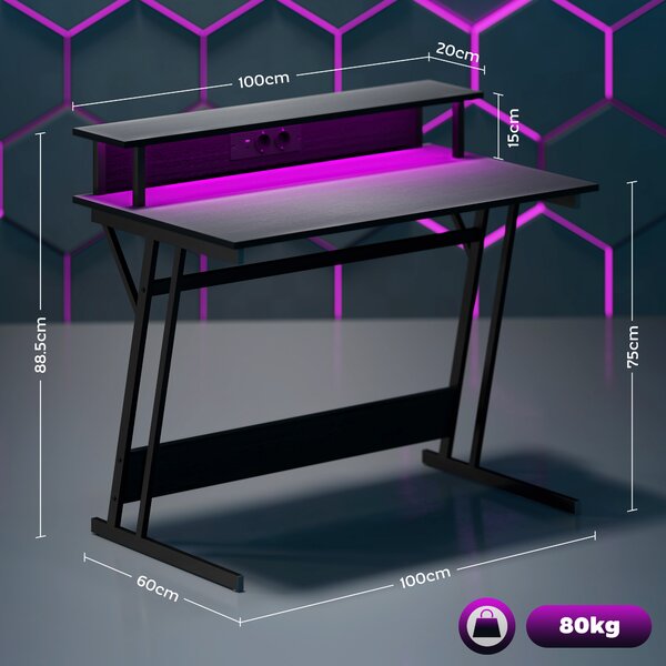 HOMCOM Scrivania Gaming con Luci LED e Supporto per Monitor, in Truciolato e Acciaio, 100x60x88.5 cm, Nero