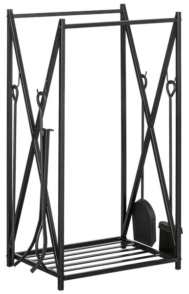 HOMCOM Portalegna per Camino in Acciaio da Interno ed Esterno, Porta Legna con Attizzatoio Paletta Scopino Pinza, 46x30x76cm Nero | Aosom Italy