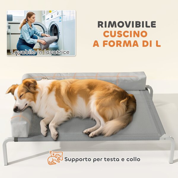 PawHut Lettino per Cani Rialzato di 20 cm con Cuscino a L, in Poliestere e Acciaio, 110x75x30 cm, Grigio e Argento | Aosom Italy