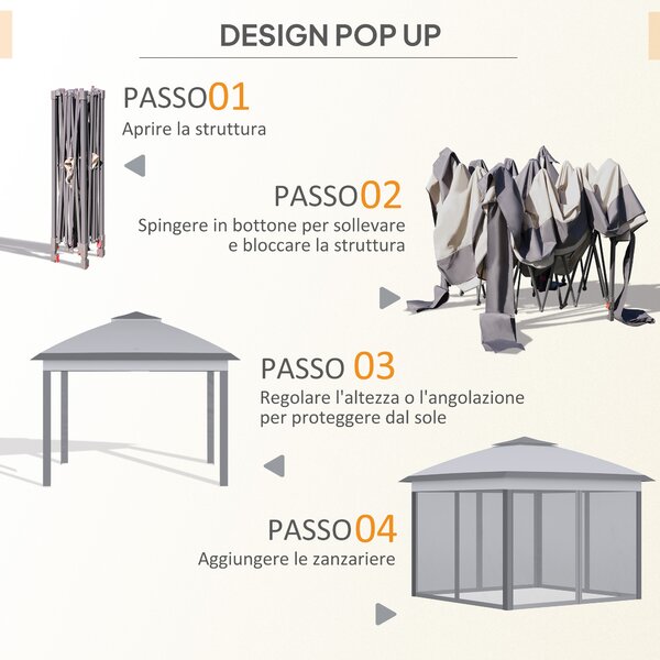 Outsunny Gazebo da Esterno Pieghevole ad Altezza Regolabile con Zanzariere, 3.3x3.3x2.8 m, Grigio | Aosom Italy