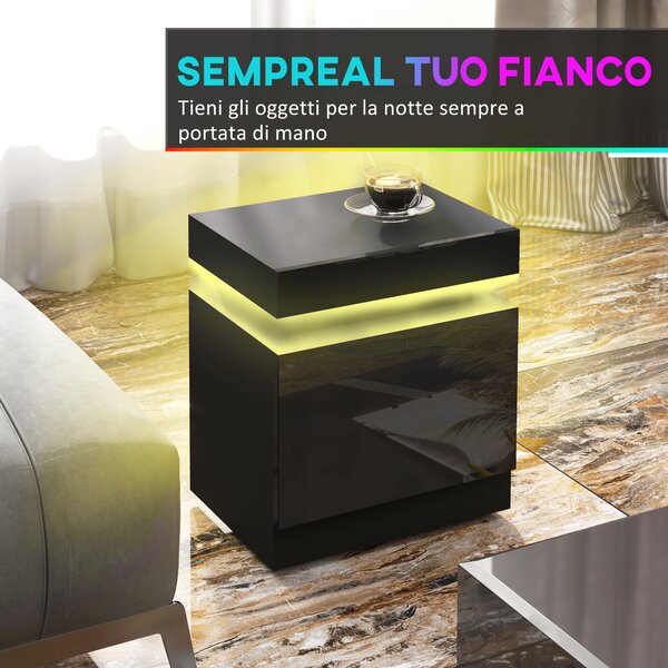 HOMCOM Comodino LED a 16 Colori e 4 Modalità con 2 Cassetti, in Legno, 45x35x52 cm, Nero | Aosom Italy