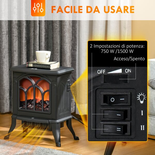 HOMCOM Camino Elettrico da Terra con 2 Livelli di Potenza 750/1500 W, Effetto Fiamma, Area di Copertura 15-20 m², Nero | Aosom Italy