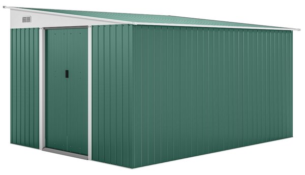 Outsunny Casetta da Giardino con Porta Scorrevole e Tetto inclinato, Capanno Attrezzi in Acciaio, 345x280.5x169-201cm, Verde | Aosom Italy