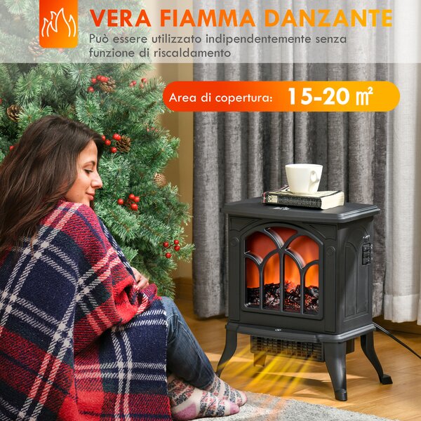 HOMCOM Camino Elettrico da Terra con 2 Livelli di Potenza 750/1500 W, Effetto Fiamma, Area di Copertura 15-20 m², Nero | Aosom Italy