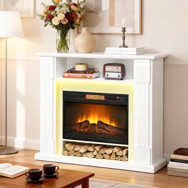 HOMCOM Camino Elettrico 1800W Regolabile con Fiamma 3D, Ripiano, Timer e Telecomando, 105x27x97 cm, Bianco | Aosom Italy