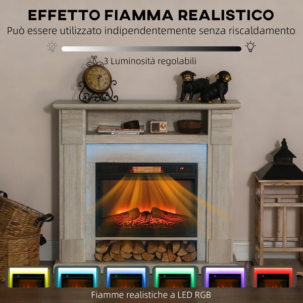 HOMCOM Camino Elettrico 1800W con Effetto Fiamma Regolabile e Telecomando, Ripiano e Timer, 105x27x97 cm, color Legno | Aosom Italy