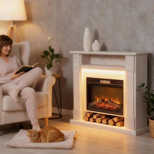HOMCOM Camino Elettrico 1800W con Effetto Fiamma Regolabile e Telecomando, Ripiano e Timer, 105x27x97 cm, color Legno | Aosom Italy