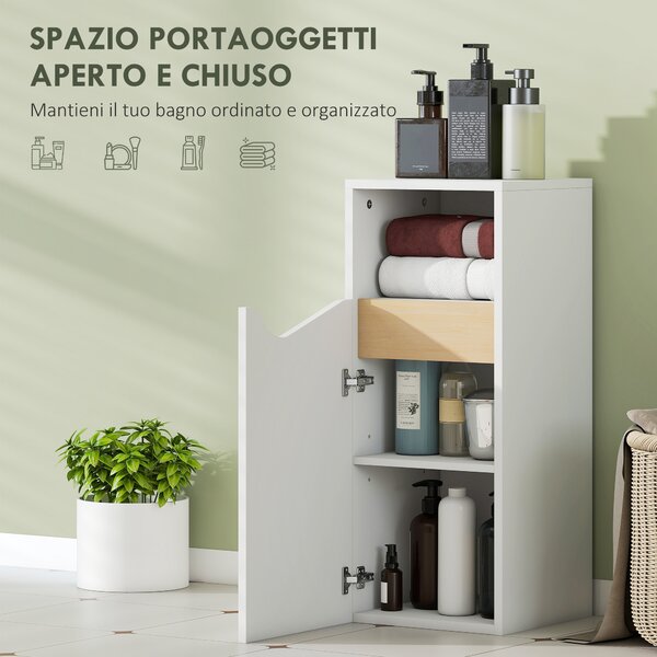 HOMCOM Mobiletto Bagno con Armadietto con Anta Ammortizzata e Vano Aperto, 30x30x71.5 cm, Bianco e Legno | Aosom Italy