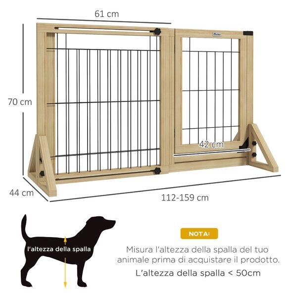PawHut Cancelletto per Cani Estensibile con Porta e 2 Pannelli, Piedini Triangolari, 112-159x70 cm, Legno Naturale | Aosom Italy