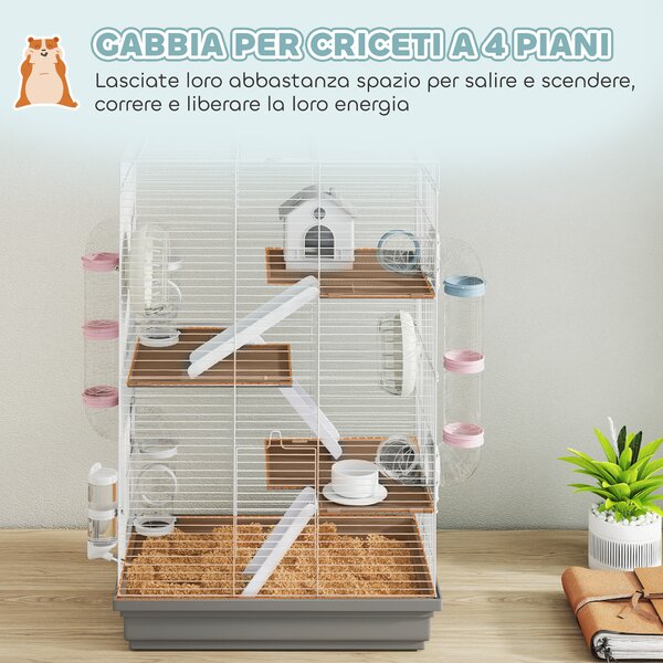 PawHut Gabbia per Criceti a 4 Livelli e 16 Tubi con Casetta, Rampa, e Accessori, in Metallo e Plastica, 47x30x70 cm, Grigio | Aosom Italy