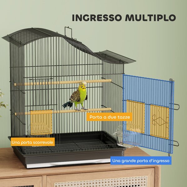 PawHut Gabbia per Uccelli a 4 Porte con 2 Ciotole, 2 Posatoi e Vassoio, in Metallo e Plastica, 47.5x36x54.5 cm, Nero | Aosom Italy