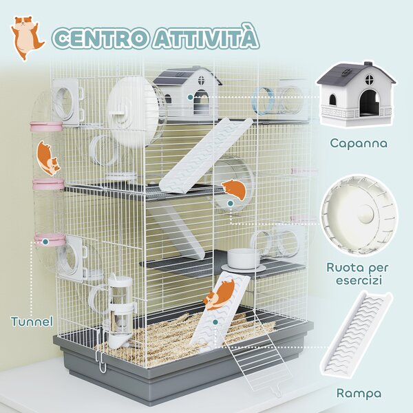 PawHut Gabbia per Criceti a 4 Livelli e 16 Tubi con Casetta, Rampa, e Accessori, in Metallo e Plastica, 47x30x70 cm, Grigio | Aosom Italy