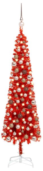 Set Albero di Natale Sottile con LED e Palline Rosso 120 cm