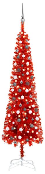Set Albero di Natale Sottile con Luci LED e Palline Rosso 240cm
