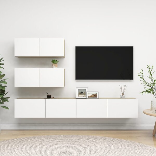 Set Porta TV 4 pz Bianco e Rovere Sonoma in Truciolato