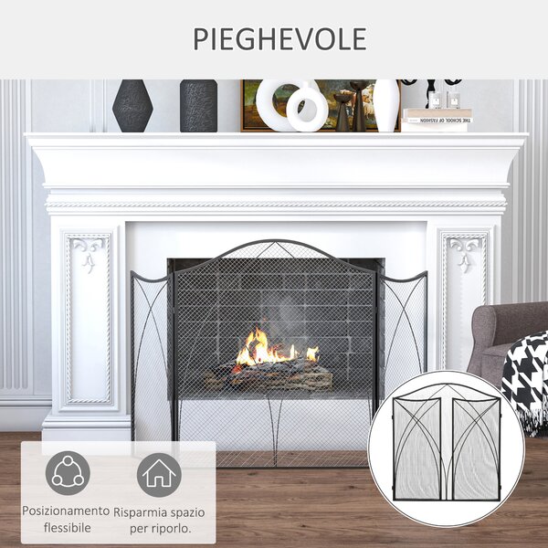 HOMCOM Parascintille Camino a 3 Parti Pieghevole in Metallo, 126x2x76 cm, Nero