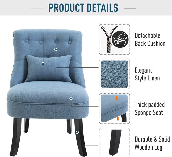 HOMCOM Poltrona per Salotto Imbottita con Cuscino, in Tessuto Effetto Lino e Legno, 52.5x69x77 cm, Blu