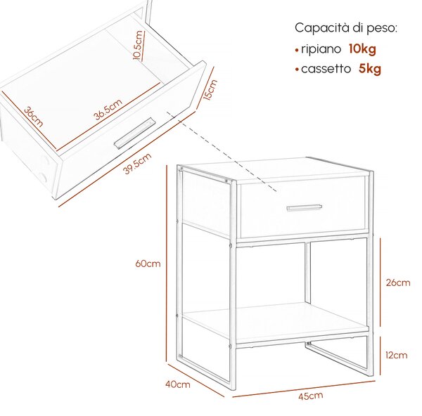 HOMCOM Set 2 Comodini Moderni con Cassetto e Ripiano Aperto in MDF e Acciaio, 45x40x60cm, Bianco e Oro|Aosom