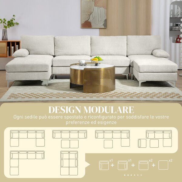 HOMCOM Divano Componibile con 6 Cuscini, in Tessuto Effetto Ciniglia, Struttura in Legno e Acciaio, 313x149x88 cm, Bianco Crema|Aosom