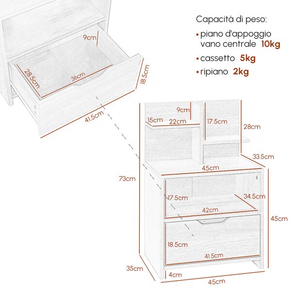 HOMCOM Comodino multiuso moderno con 2 Ripiani Aperti e Cassetto in Truciolato per Camera da Letto e Salotto, 45x35x73 cm| Aosom Italy