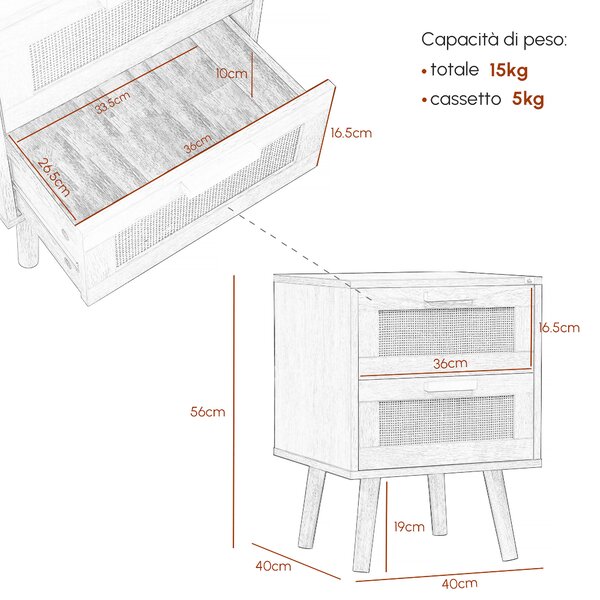 HOMCOM Set 2 Comodini per Camera da Letto Stile Boho con 2 Cassetti, 40x40x56cm, Legno Naturale|Aosom