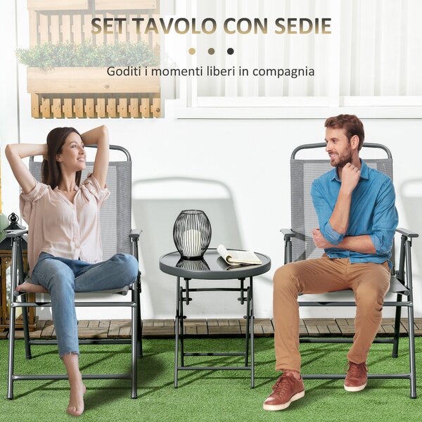 Outsunny Set da Giardino 3 Pezzi con 2 Sedie 53.5x64x93 cm e Tavolino da Caffè Ø45x50 cm, in Metallo, Grigio Chiaro|Aosom