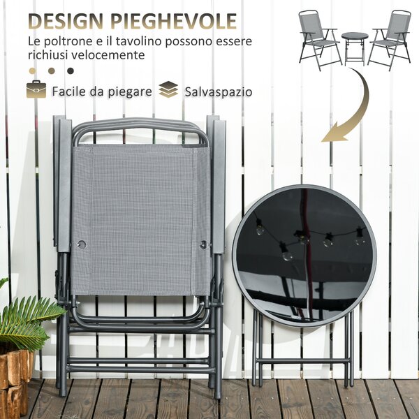 Outsunny Set da Giardino 3 Pezzi con 2 Sedie 53.5x64x93 cm e Tavolino da Caffè Ø45x50 cm, in Metallo, Grigio Chiaro|Aosom