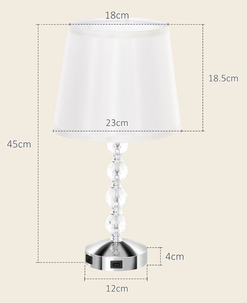 HOMCOM Lampada da Tavolo con Cristalli e Porta USB, in Metallo, Vetro e Poliestere, Ø23x45 cm, Bianco e Argento