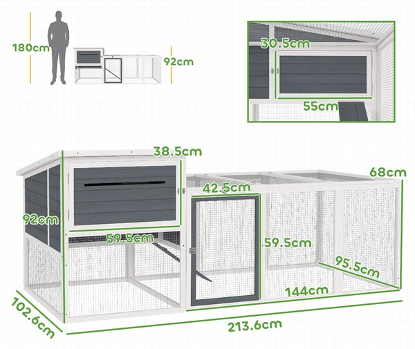 PawHut Pollaio per Galline con Casetta, Nido per Cova e Area Esterna, 214x101x 91.5cm, Grigio