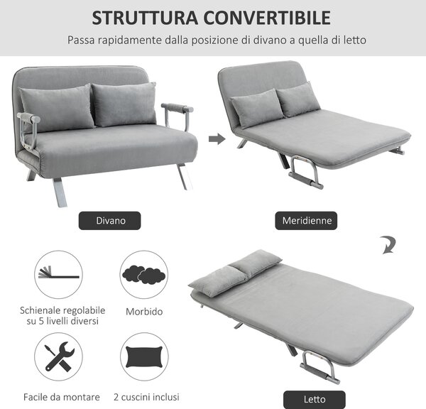 HOMCOM Divano Letto Singolo in Finta Pelle con Seduta Regolabile in 5 Posizioni, 105x80x78 cm, Grigio Chiaro