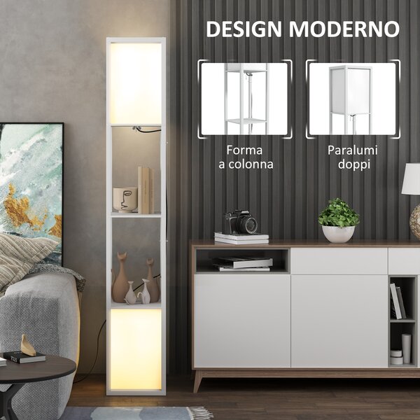 HOMCOM Lampada da Terra Moderna con 2 Paralumi e 2 Ripiani per Lampadine E27 Max. 40W, 26x26x156 cm, Bianco