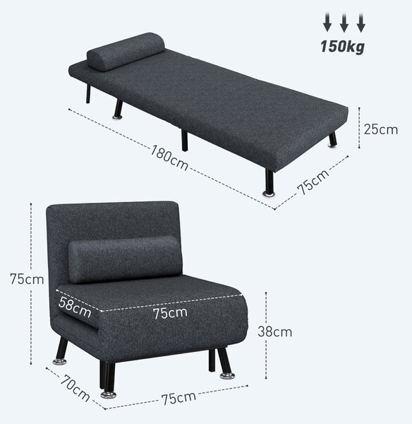 HOMCOM Poltrona Letto Moderno 3 in 1 con Schienale Regolabile e Cuscino imbottitura, in Tessuto Effetto Lino e Acciaio, Grigio Scuro | Aosom Italy