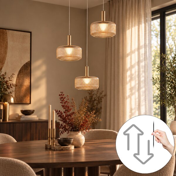 Lampada a sospensione di design oro rosa con vetro ambrato, LED integrato, dimmerabile a 3 fasi, 3 luci Easylift - Fiera