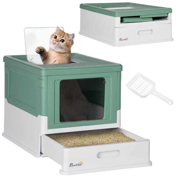 PawHut Lettiera per Gatti Chiusa con Paletta, Vassoio Estraibile e 2 Porte, 47.5x35.5x36.7cm, Verde|Aosom