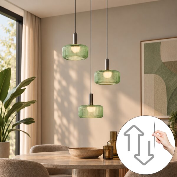 Lampada a sospensione di design color canna di fucile con vetro verde, con LED dimmerabile a 3 fasi, 3 luci Easylift - Fiera