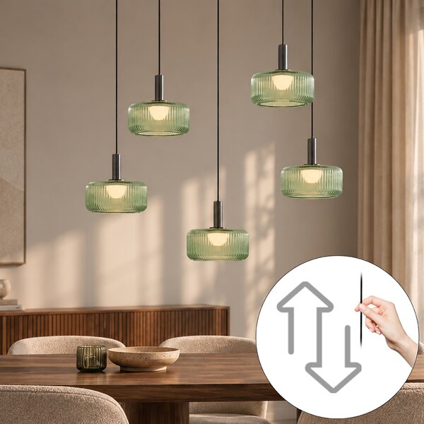 Lampada a sospensione di design color canna di fucile con vetro verde, LED integrato, dimmerabile a 3 fasi, 5 luci - Fiera