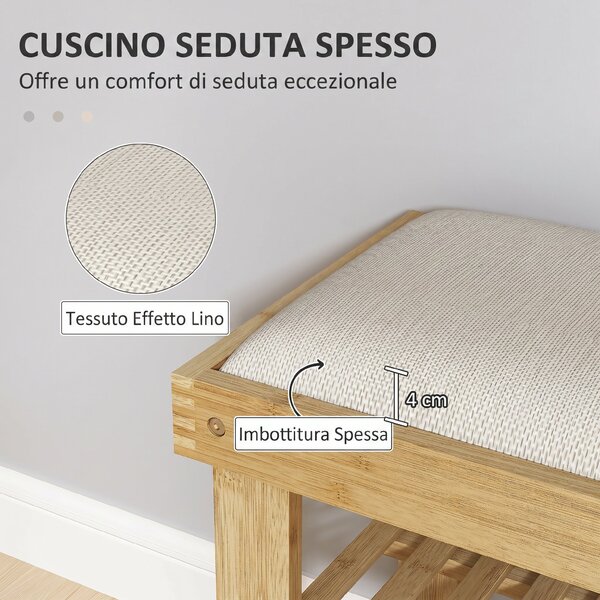 HOMCOM Panca Scarpiera da Ingresso in Bambù, con Seduta Imbottita a 2 Livelli, per 6 Paia di Scarpe, Ingresso Corridoio, 60x29x49cm, Bianco e Naturale | Aosom Italy