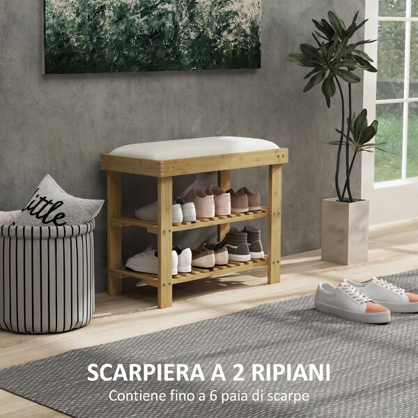 HOMCOM Panca Scarpiera da Ingresso in Bambù, con Seduta Imbottita a 2 Livelli, per 6 Paia di Scarpe, Ingresso Corridoio, 60x29x49cm, Bianco e Naturale | Aosom Italy