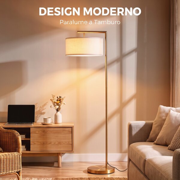 HOMCOM Lampada da Terra Moderna in Metallo e Paralume in Tessuto, Lampada da Lettura E27 47x37x153cm, Oro e Bianco