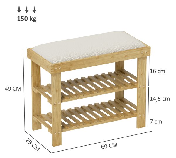 HOMCOM Panca Scarpiera da Ingresso in Bambù, con Seduta Imbottita a 2 Livelli, per 6 Paia di Scarpe, Ingresso Corridoio, 60x29x49cm, Bianco e Naturale | Aosom Italy