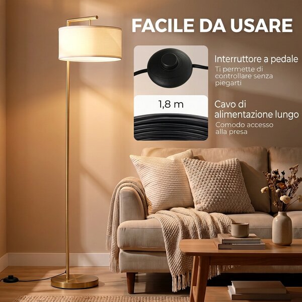 HOMCOM Lampada da Terra Moderna in Metallo e Paralume in Tessuto, Lampada da Lettura E27 47x37x153cm, Oro e Bianco