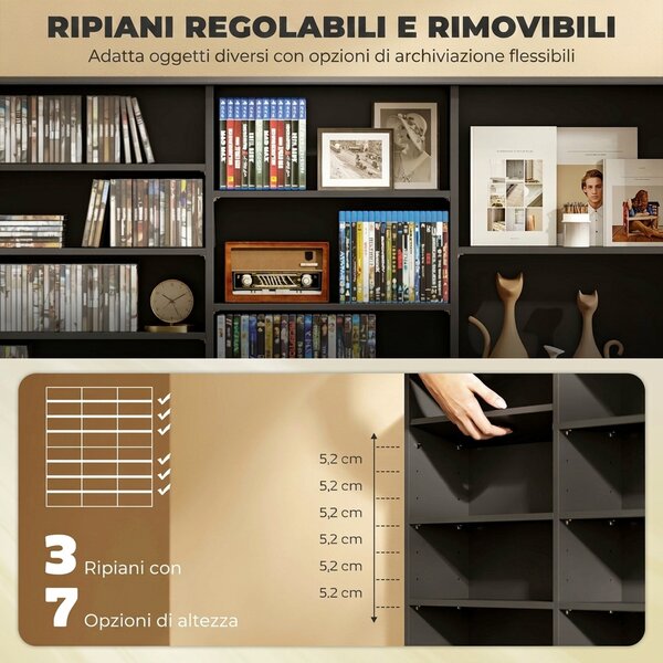 HOMCOM Mobile Porta CD a 8 Livelli con 18 Ripiani Regolabili, 1032 CD/594 DVD/Blu-ray Salvaspazio, con 24 Scomparti, 145x24x126.3 cm, Nero | Aosom Italy