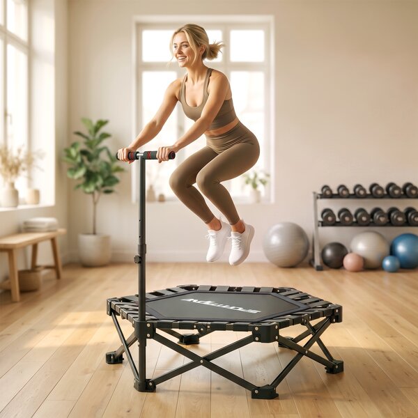 Trampolino Elastico per Adulti Ø104 cm Richiudibile con Sistema di Apertura-Chiusura Maniglia Regolabile e 24 Molle Bungee in Metallo e PP Nero