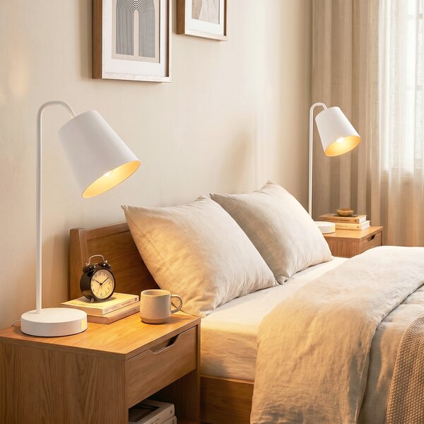 Set 2 Lampade da Tavolo Moderne con Porte USB Attacco E27 in Acciaio Bianco