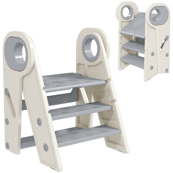 Torre Montessoriana Bambini Pieghevole 46,5x47x61,5 cm a 3 Gradini Regolabili con Maniglia e Superficie Antiscivolo in HDPE Grigio