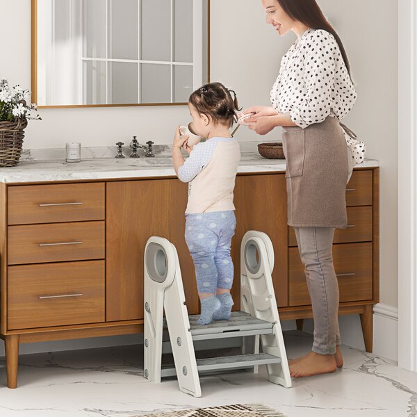 Torre Montessoriana Bambini Pieghevole 46,5x47x61,5 cm a 3 Gradini Regolabili con Maniglia e Superficie Antiscivolo in HDPE Grigio
